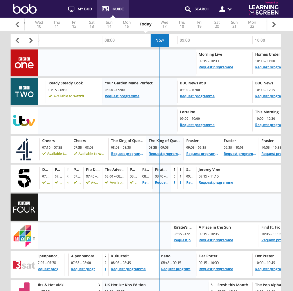 A screenshot showing the programme guide in Box of Broadcasts